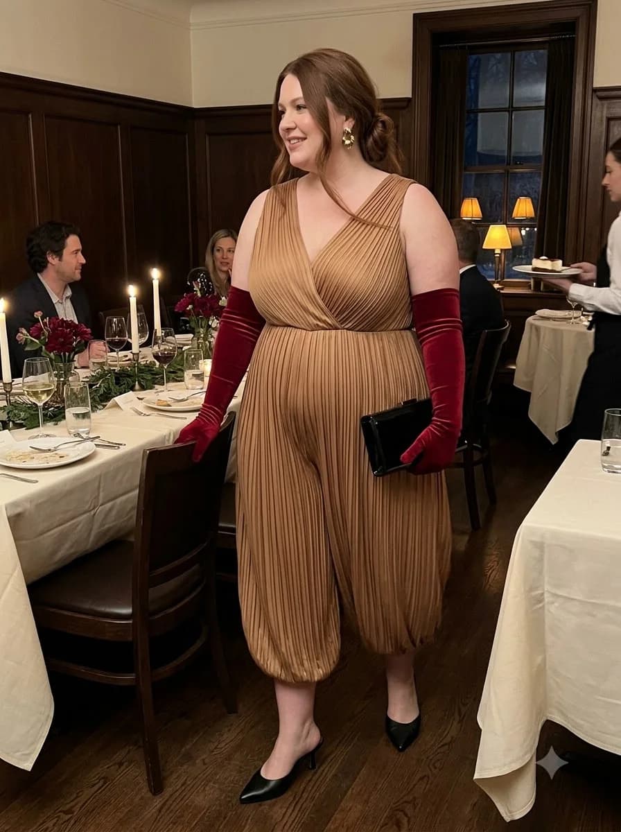 Bronze Pleated Jumpsuit with Red Velvet Gloves
