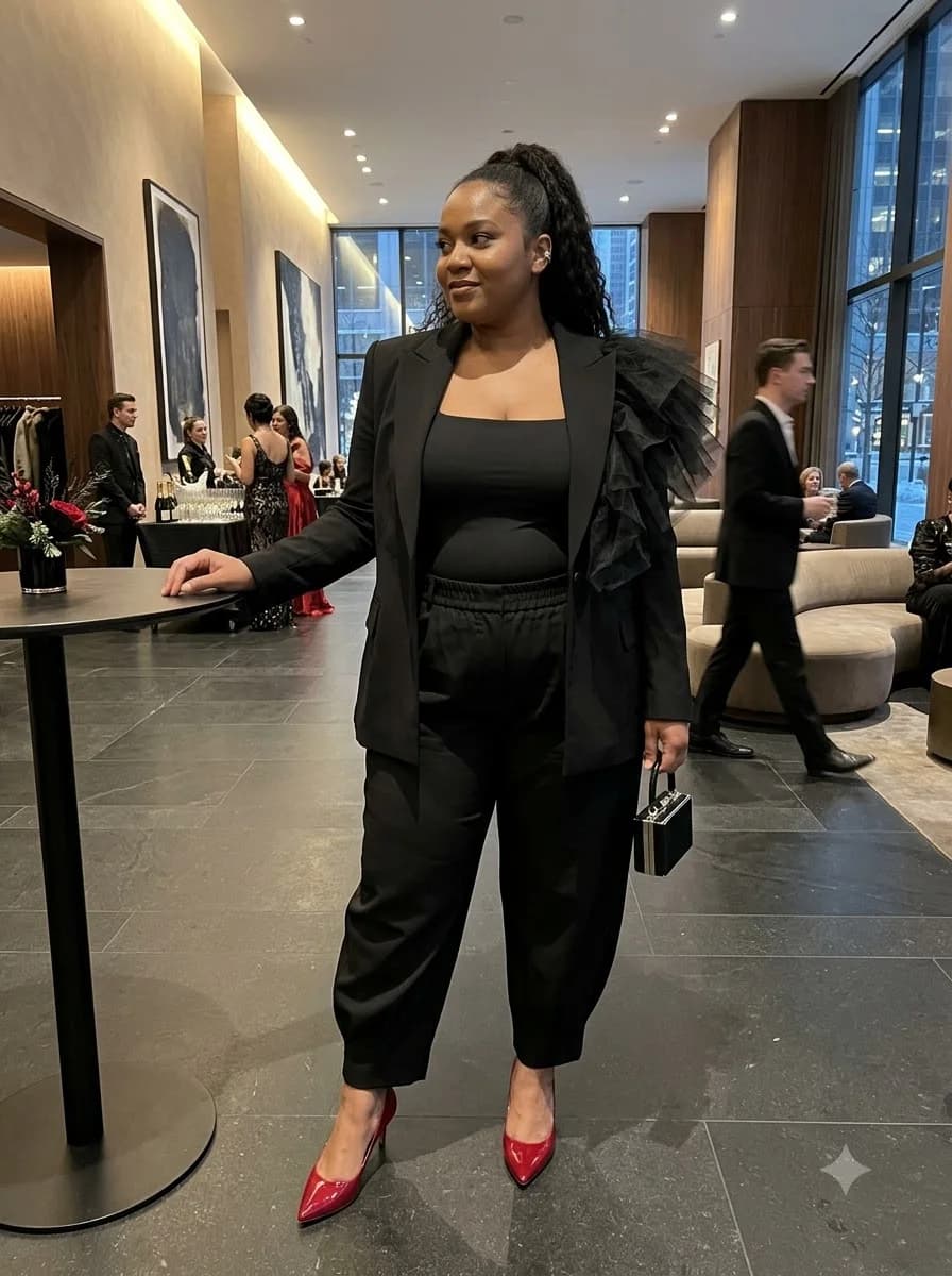 Black Blazer with Satin Trousers and Red Pumps