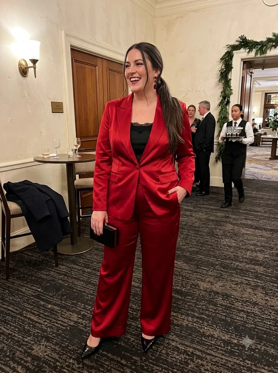 Red Satin Blazer and Trouser Suit