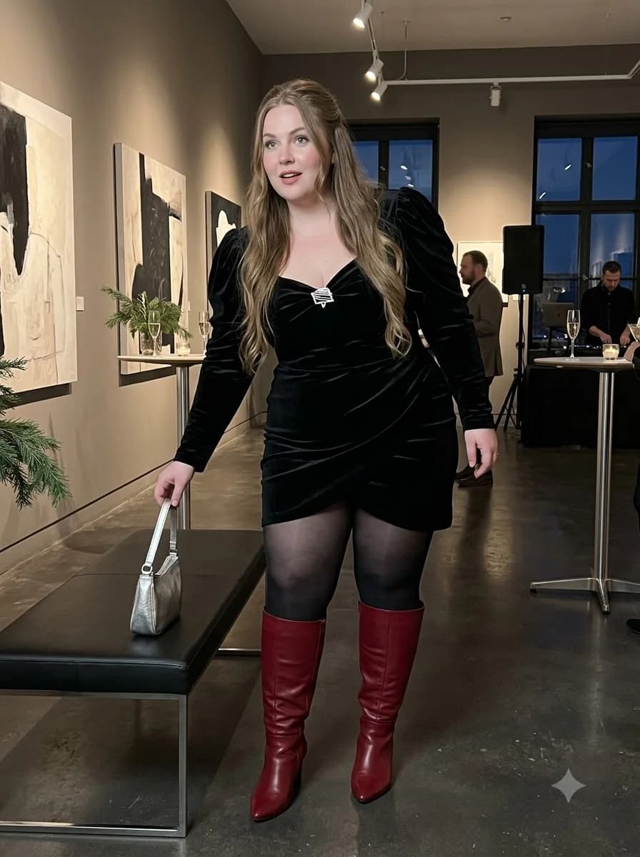 Black Velvet Mini Dress with Red Knee-High Boots