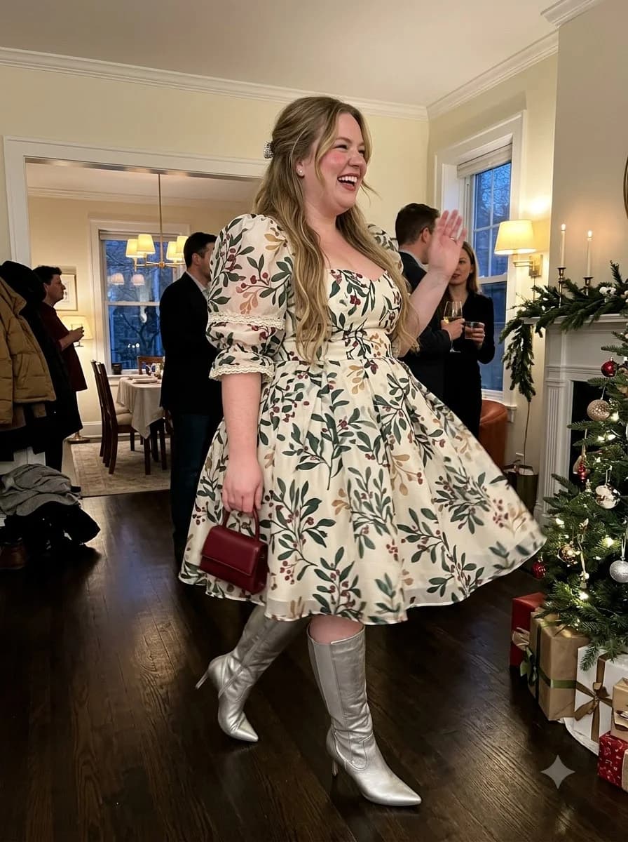 Winter Botanical Puff-Sleeve Dress