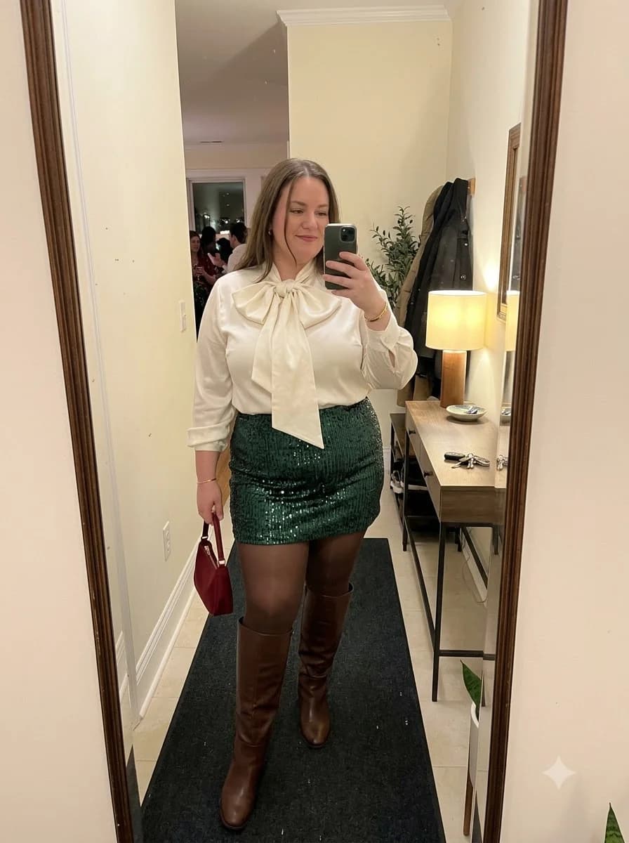 Cream Bow Blouse with Green Sequin Mini Skirt