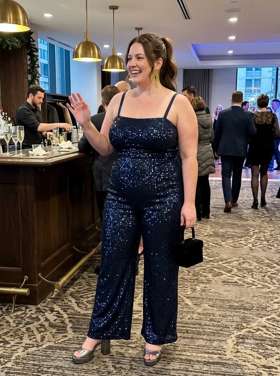 Navy Sequin Wide-Leg Jumpsuit