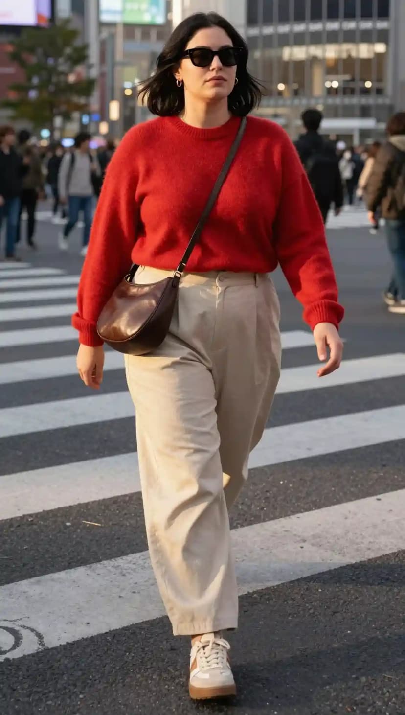 Red Knit Sweater + Beige Wide-Leg Trousers + Brown Shoulder Bag