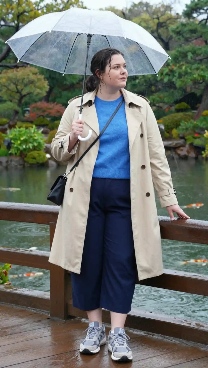 Beige Trench Coat + Blue Sweater + Navy Cropped Trousers