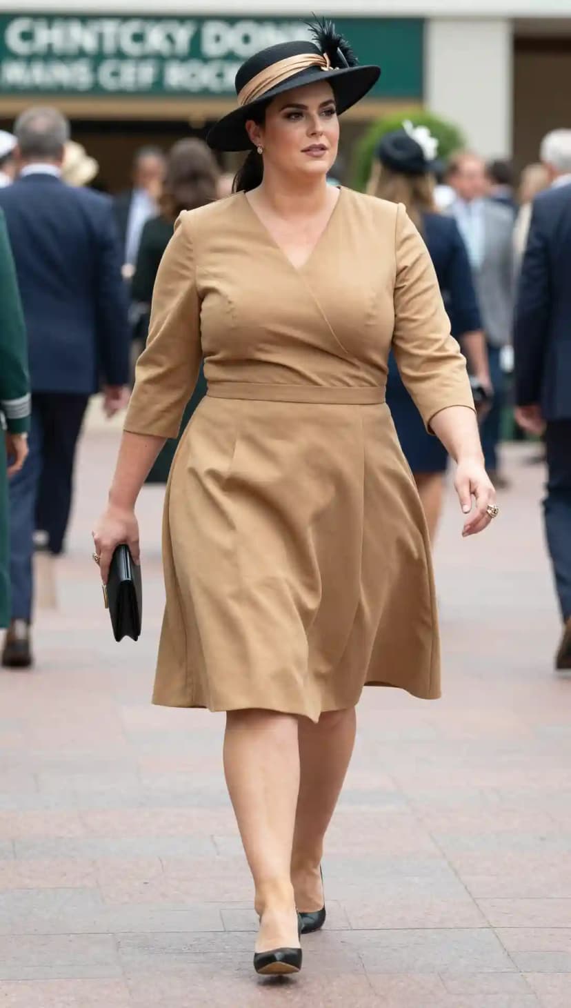 Camel Crepe Midi Dress + Black Leather Pumps + Black Clutch Bag + Black Wide Brim Hat