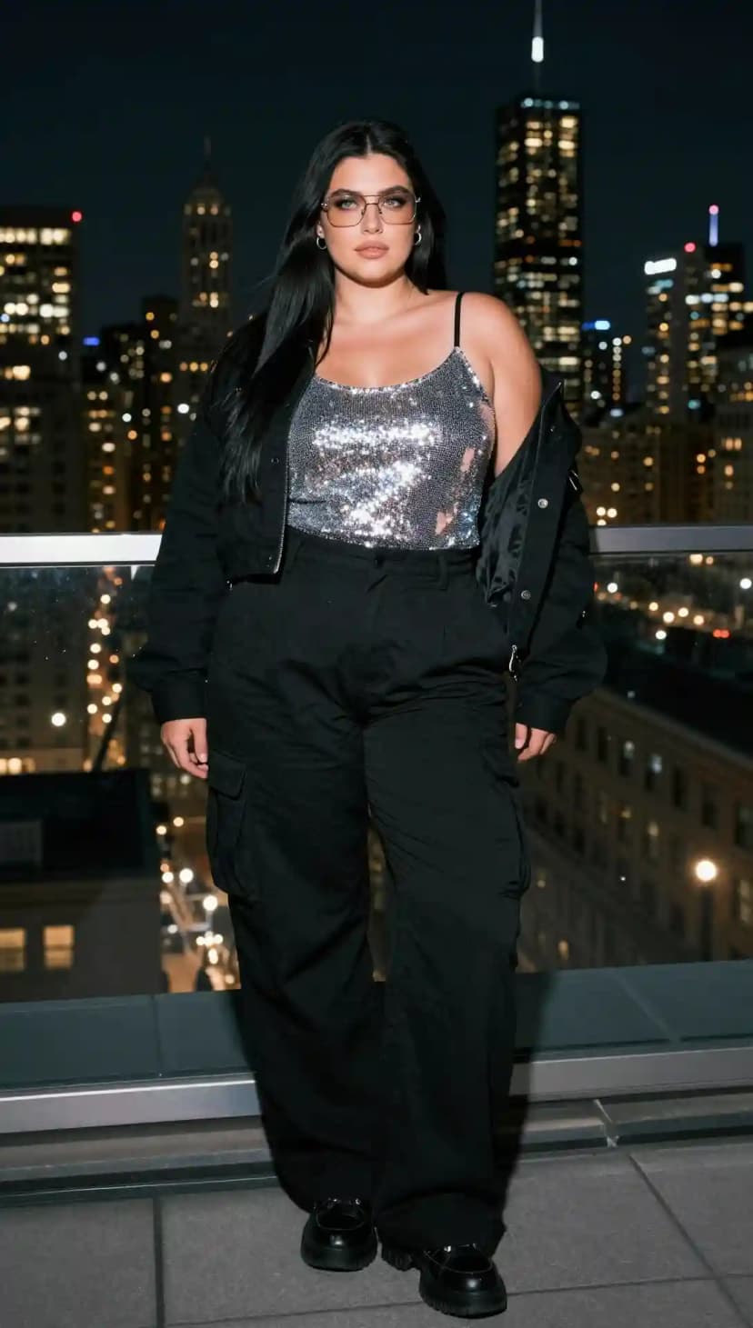 Black Bomber Jacket + Silver Sequin Top + Black Cargo Pants
