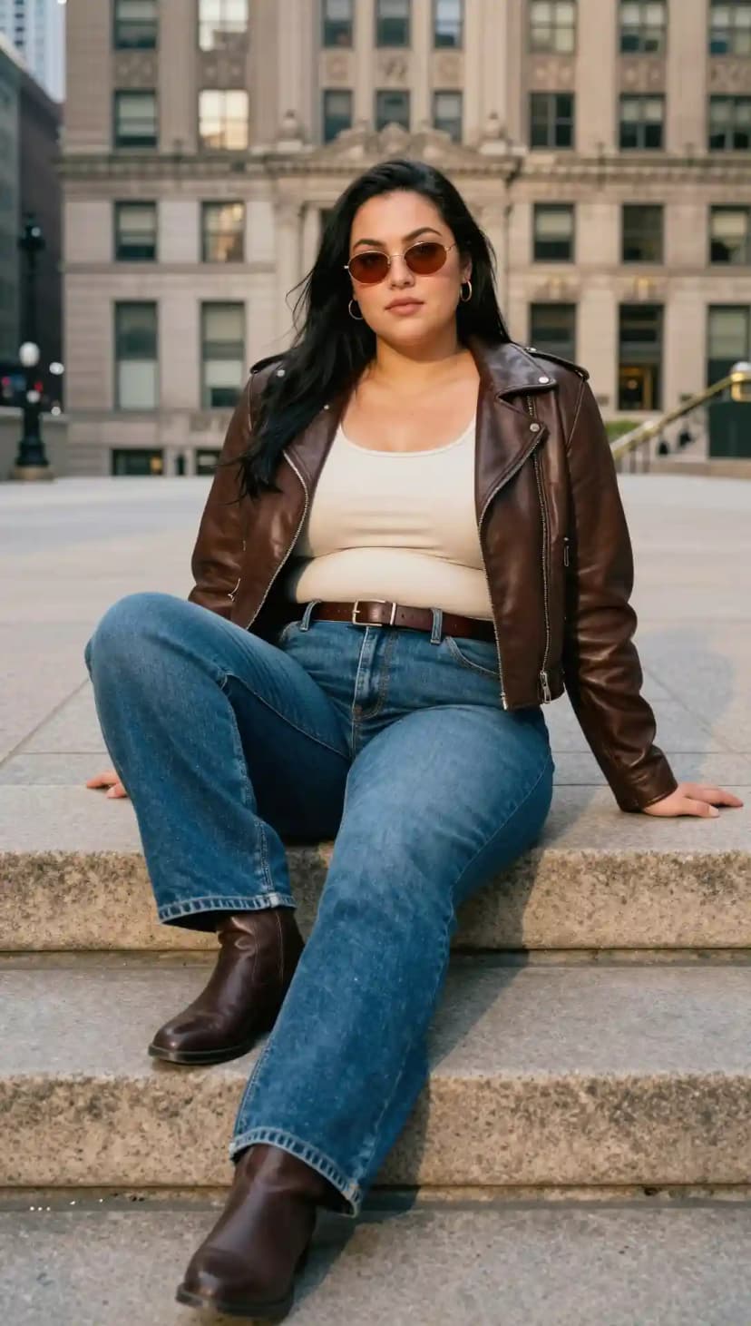 Brown Leather Biker Jacket + Cream Tank Top + Blue Jeans