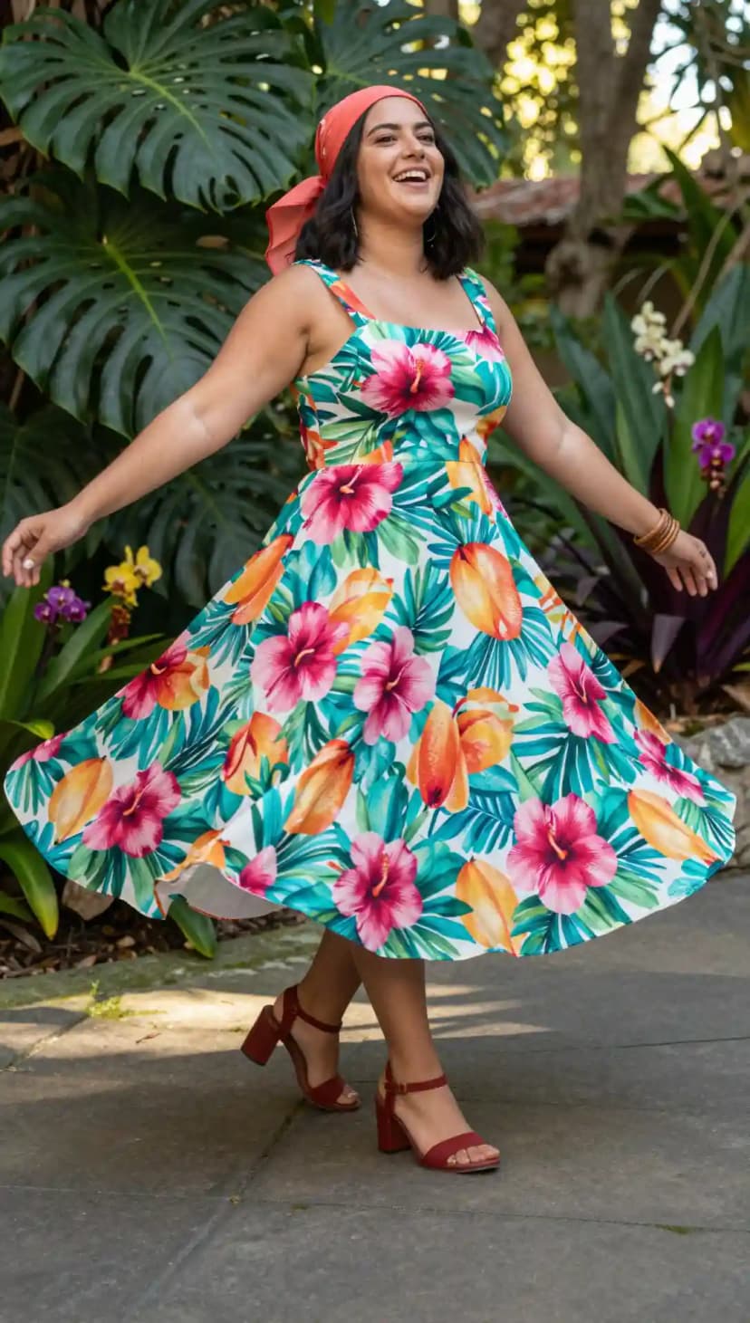 White Floral Print Cotton Dress + Coral Bandana