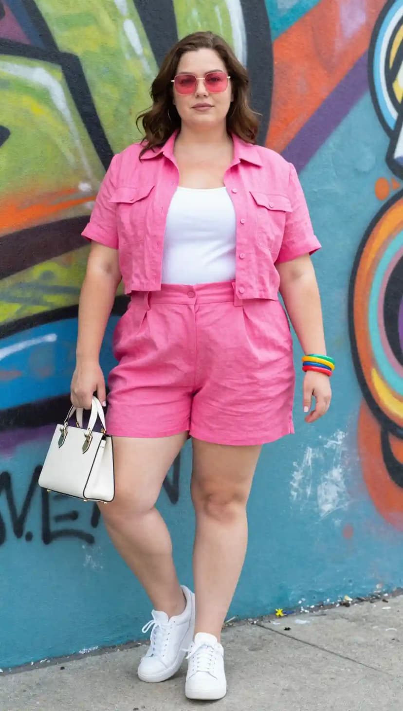 Pink Linen Cropped Shirt + White Ribbed Tank Top + Pink Linen Shorts