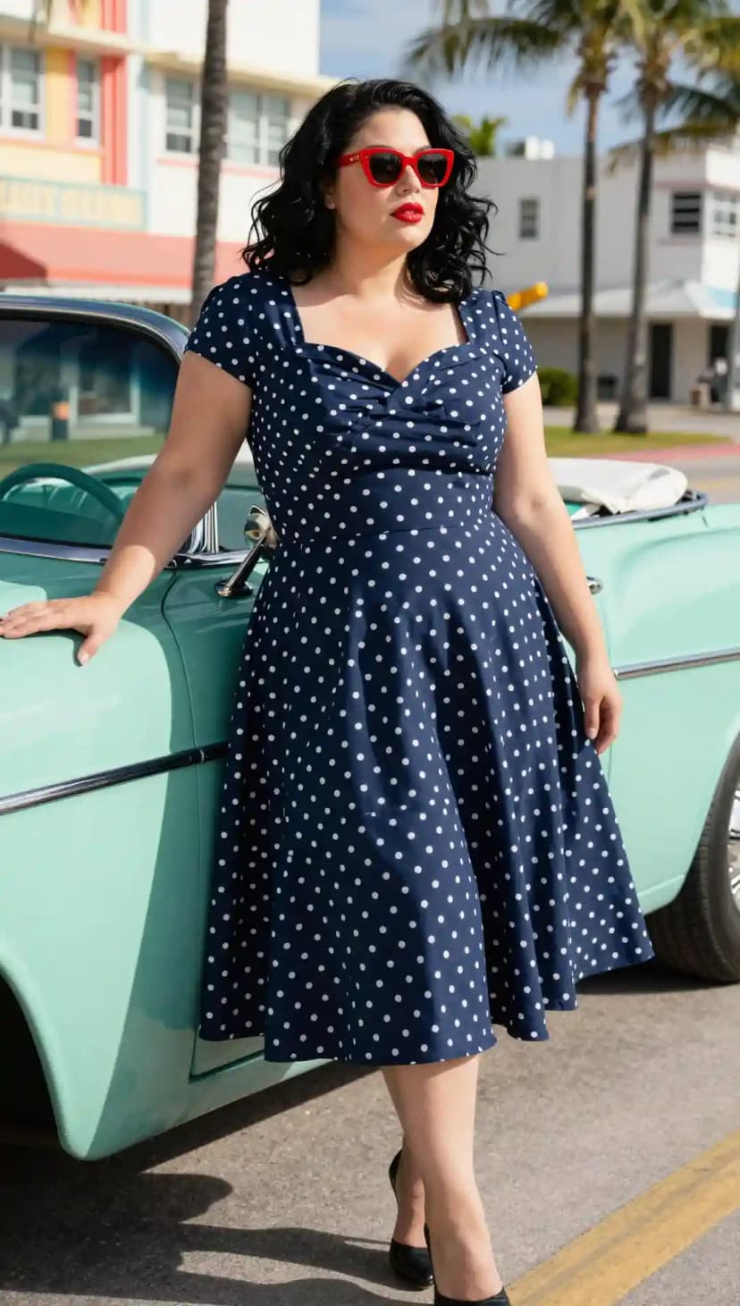 Navy Polka Dot Cotton Dress + Black Patent Heels
