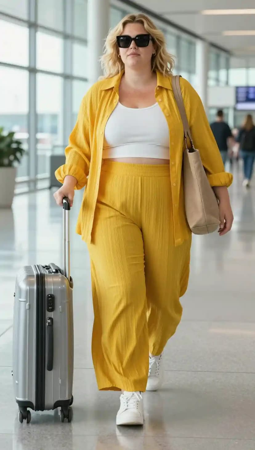 Yellow Textured Wide-Leg Pants + White Ribbed Crop Top + Yellow Linen Shirt