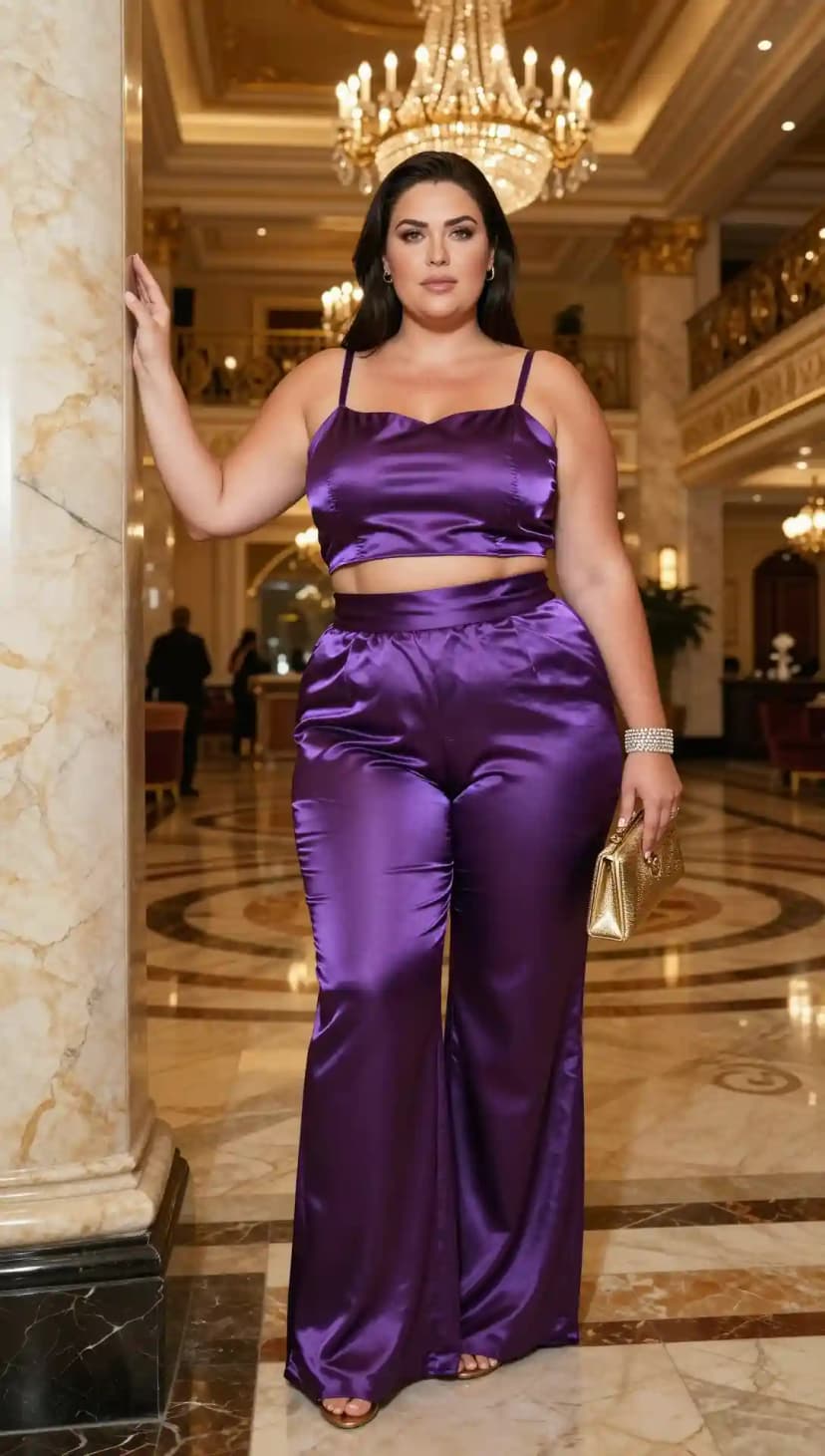 Purple Satin Crop Top + Purple Satin Wide-Leg Pants