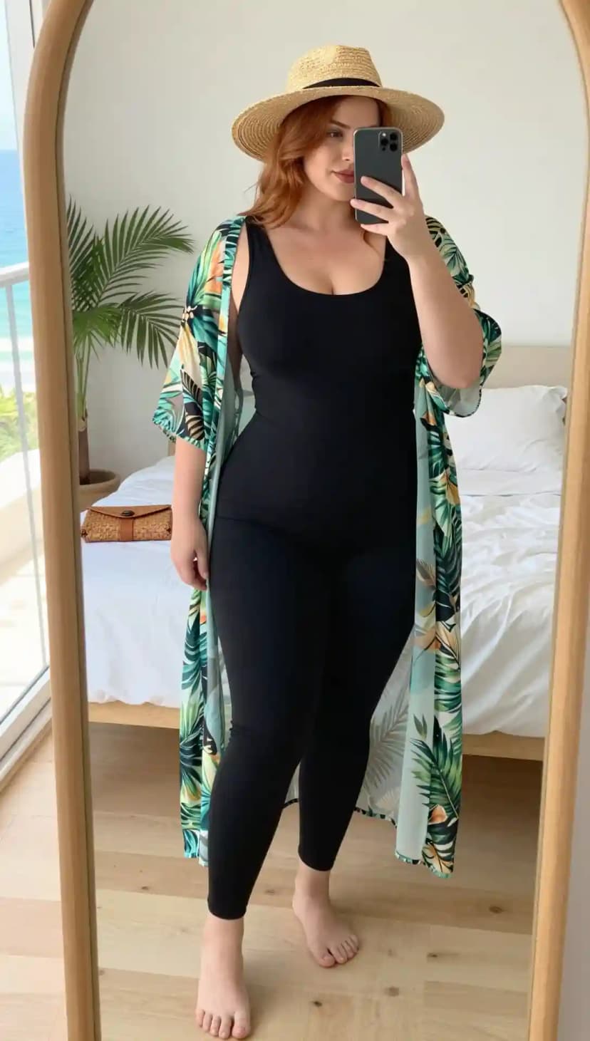 Black Jumpsuit + Tropical Print Kimono + Straw Fedora