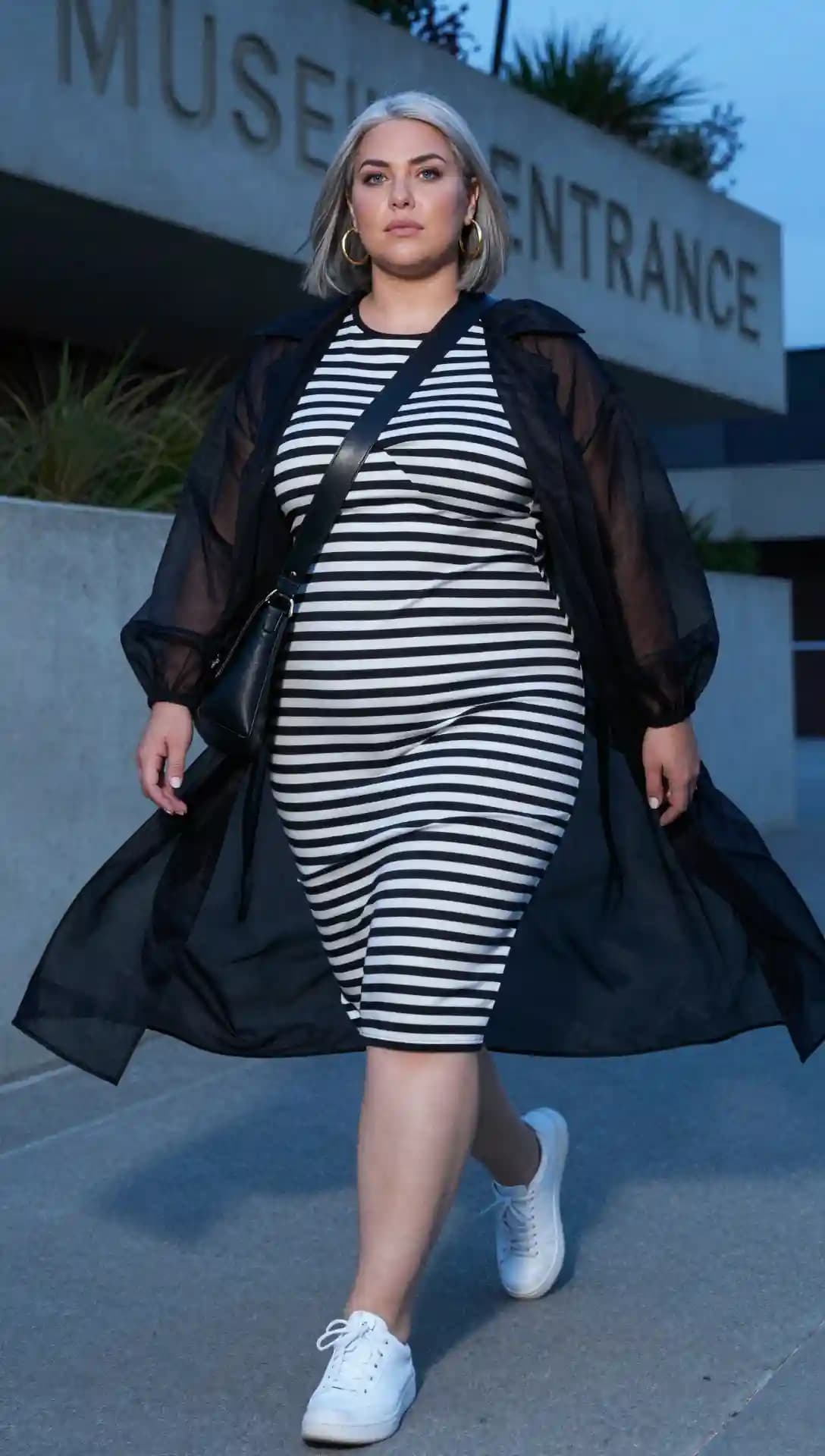 Black Organza Duster + Black and White Striped Knit Midi Dress + White Leather Sneakers