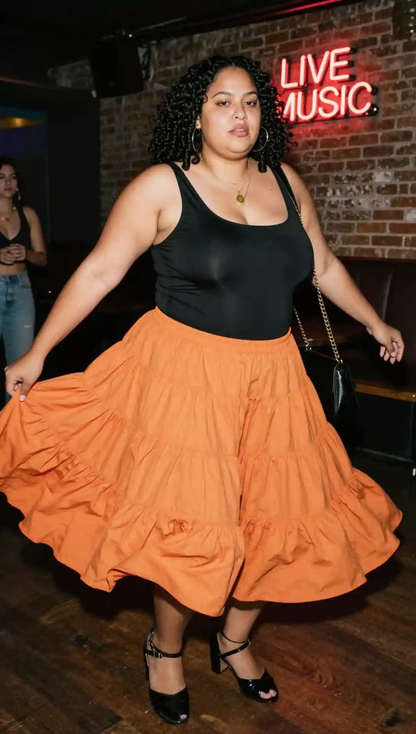 Black Tank Top + Orange Tiered Cotton Maxi Skirt