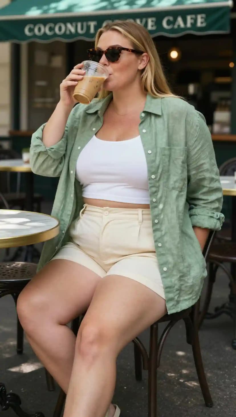 White Ribbed Crop Top + Sage Linen Button-Up Shirt + Cream Linen High-Waisted Shorts