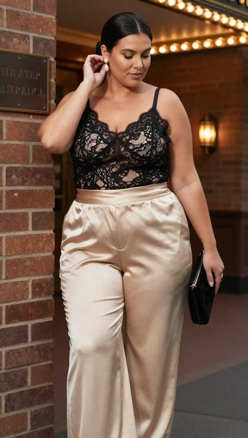 Black Lace Bodysuit + Champagne Satin Wide-Leg Pants