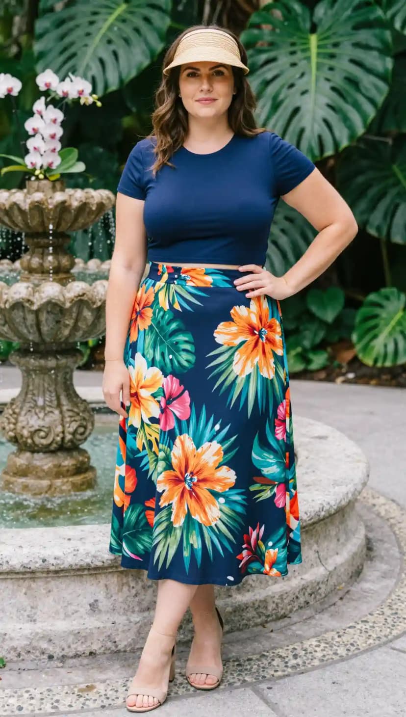 Navy Cotton Crop Top + Navy Floral Print Midi Skirt