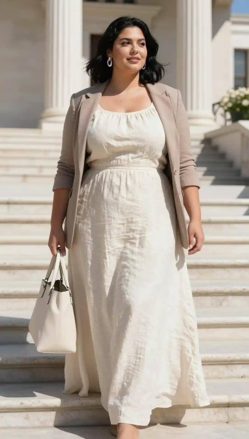 Cream Gauze Maxi Dress + Beige Linen Blazer