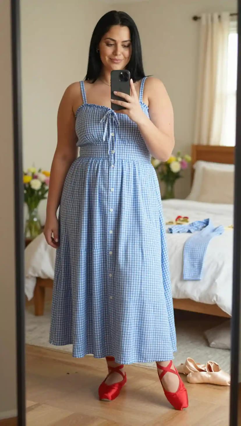 Blue Gingham Cotton Midi Dress