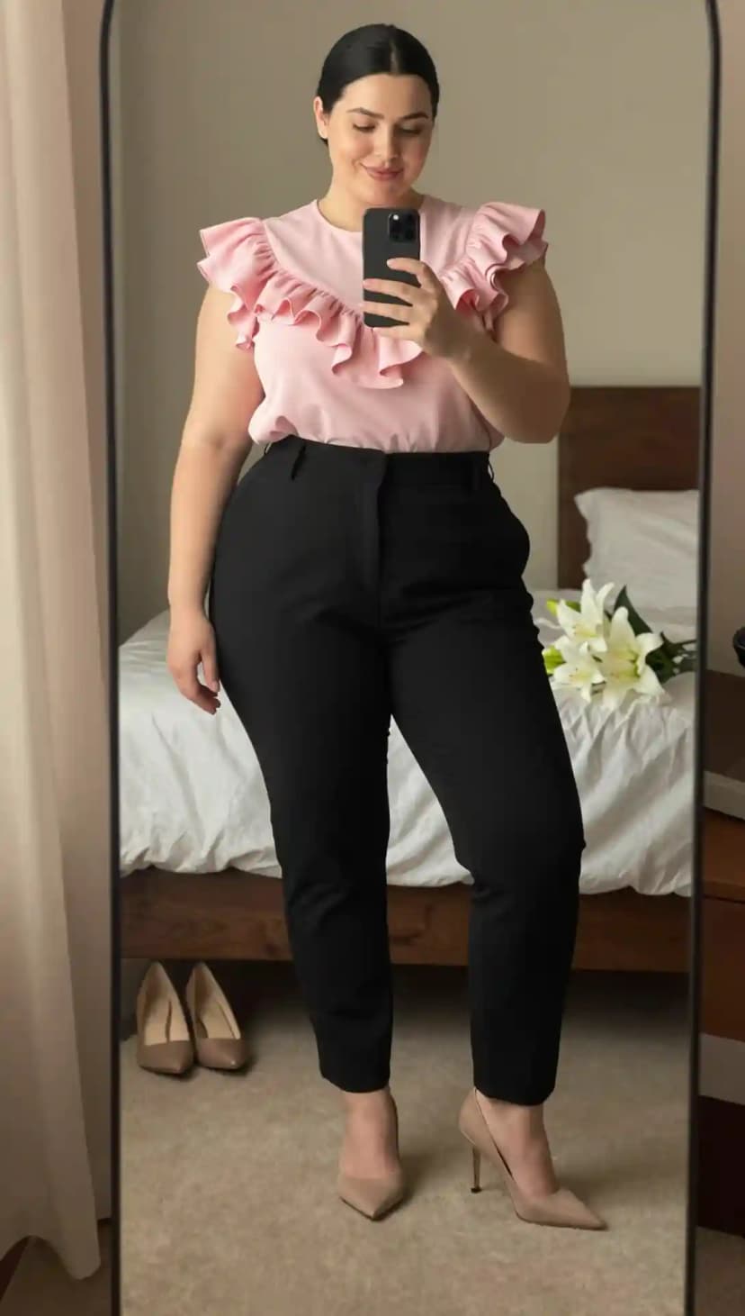 Pink Ruffle Blouse + Black Crepe Trousers