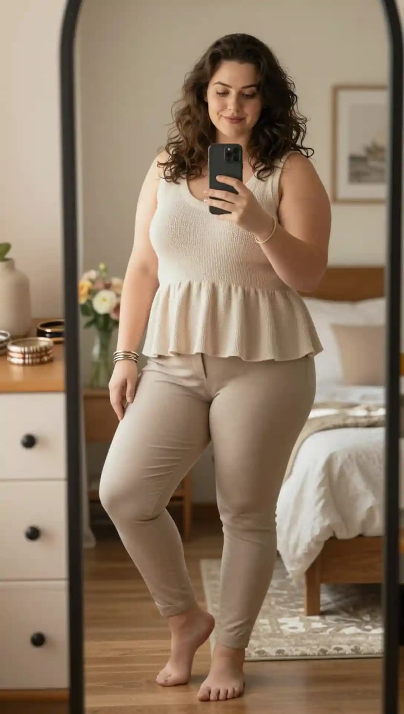 Cream Knit Peplum Top + Beige Twill Skinny Trousers