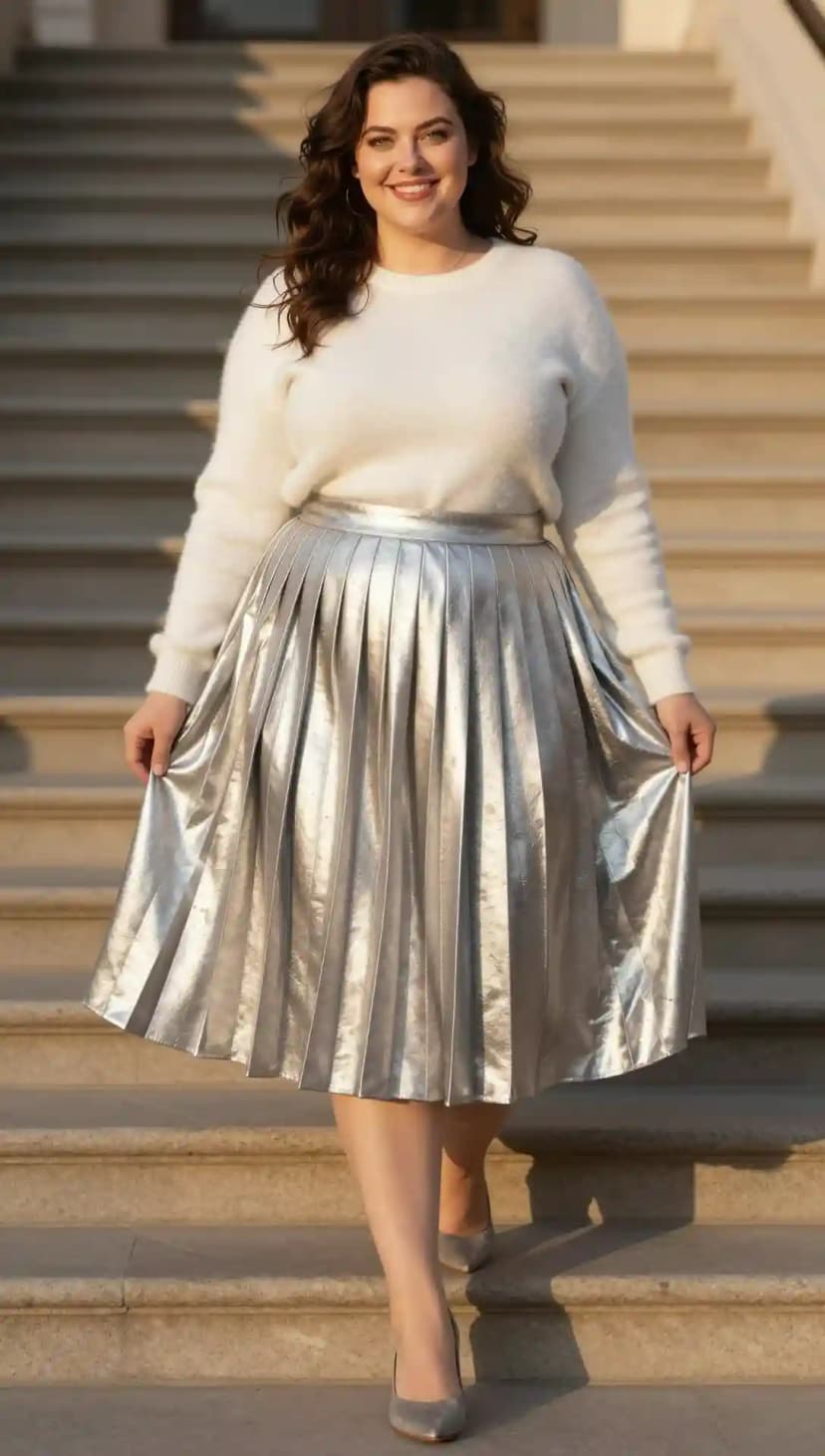 Cream Fuzzy Knit Sweater + Silver Metallic Pleated Midi Skirt