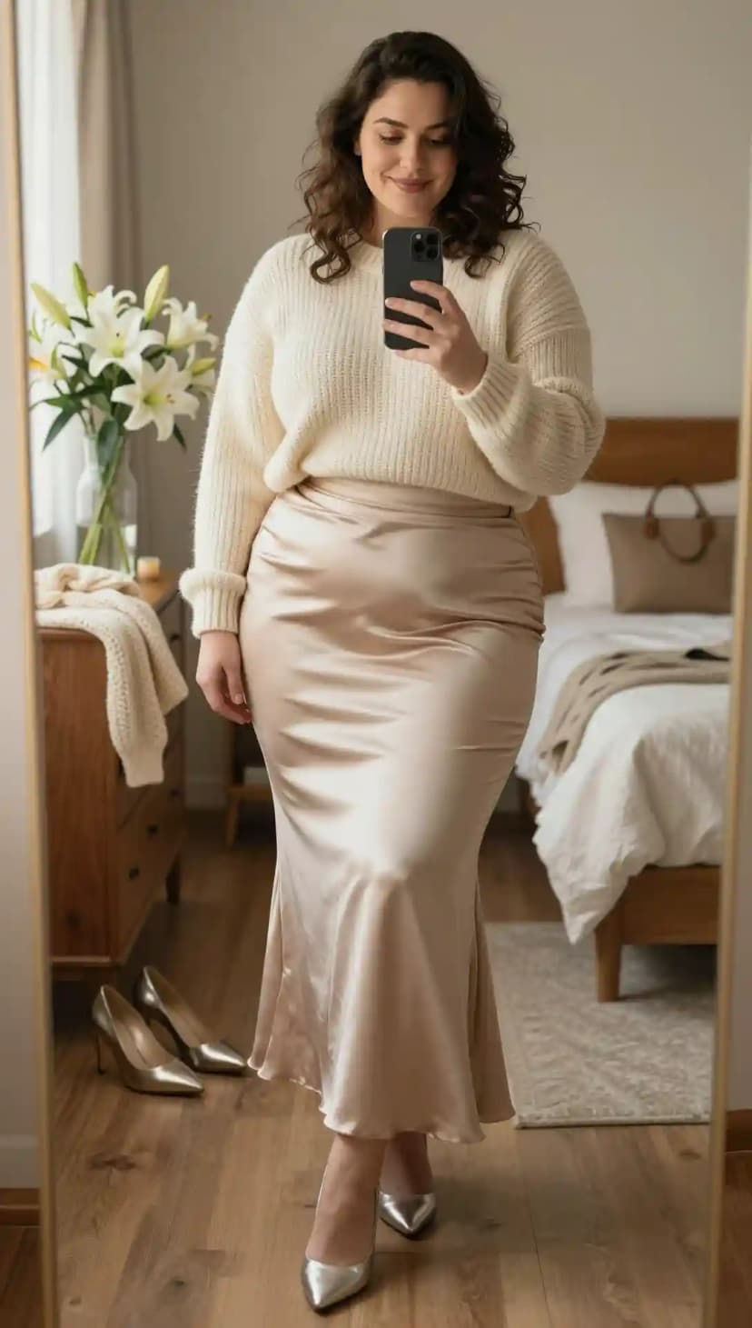 Cream Cable Knit Sweater + Champagne Satin Maxi Skirt