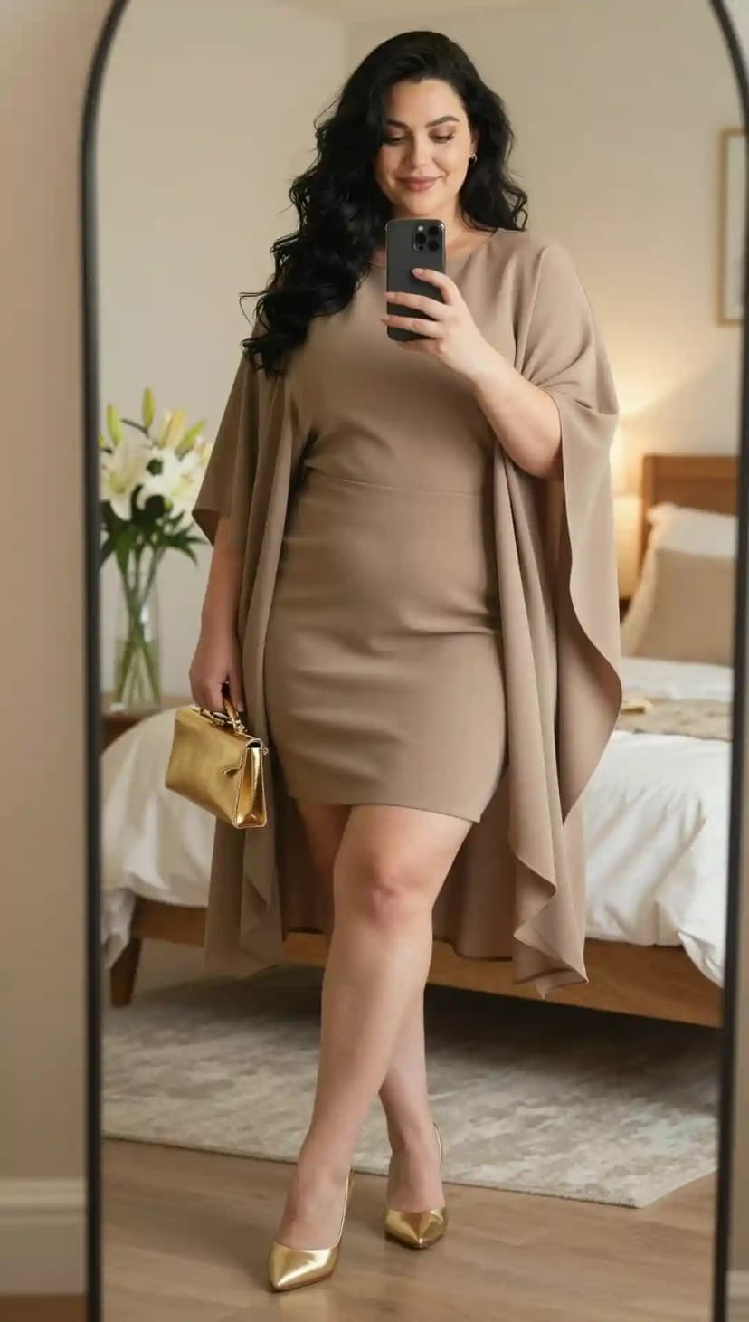 Taupe Crepe Dress + Taupe Chiffon Cape