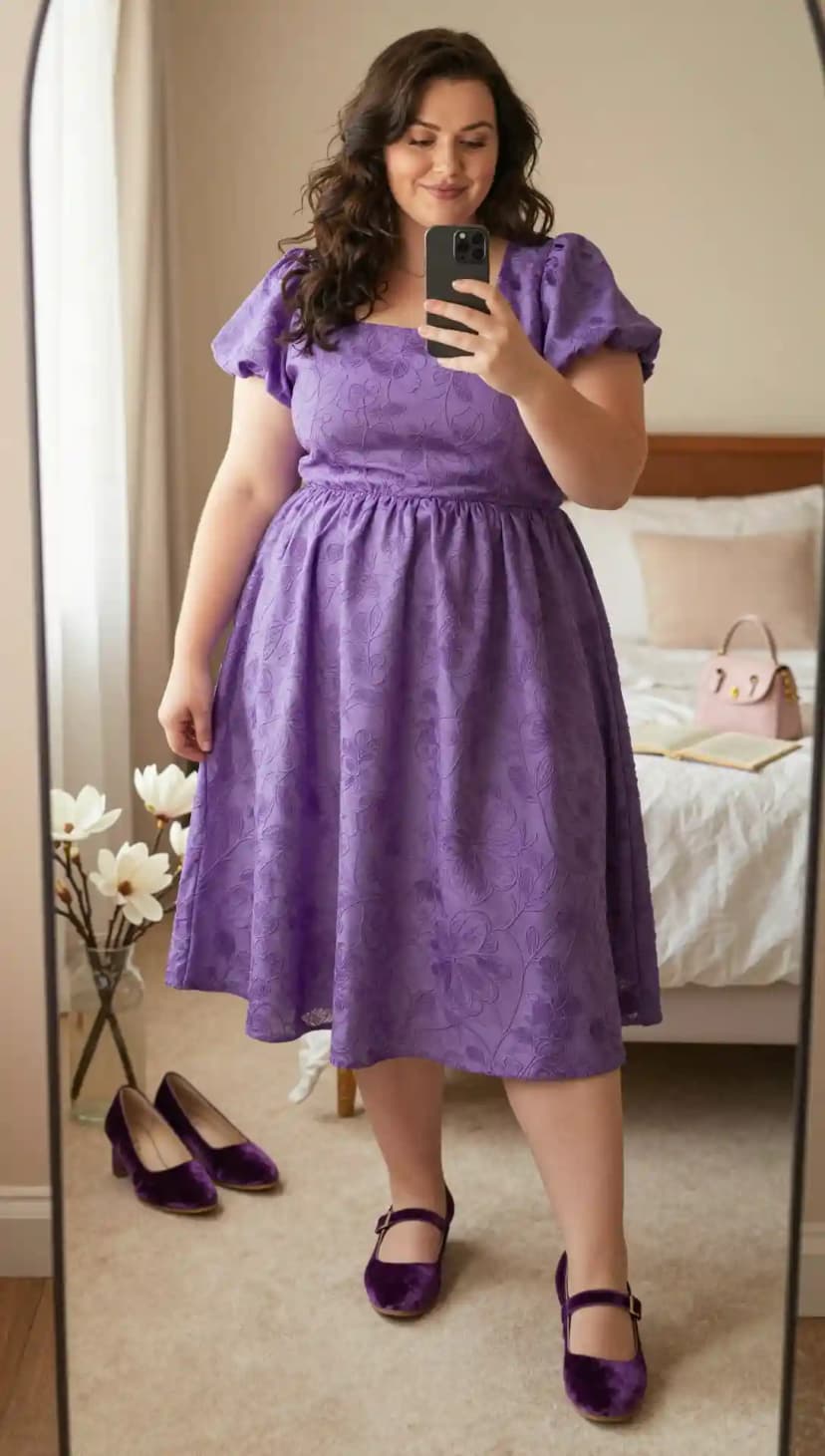Deep Lavender Floral Jacquard Dress + Purple Velvet Mary Janes