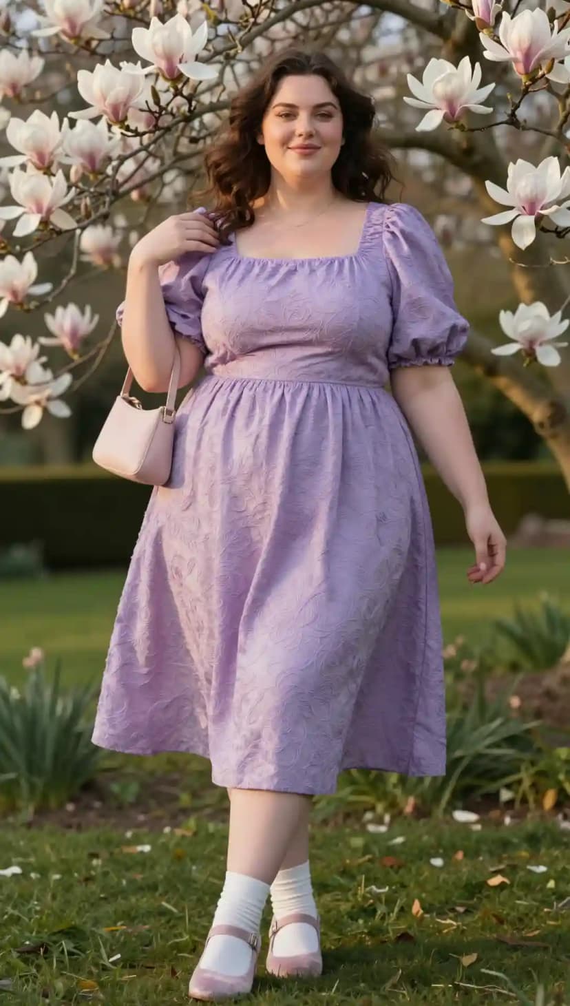 Lavender Jacquard Midi Dress + White Ankle Socks + Pink Mary Jane Flats