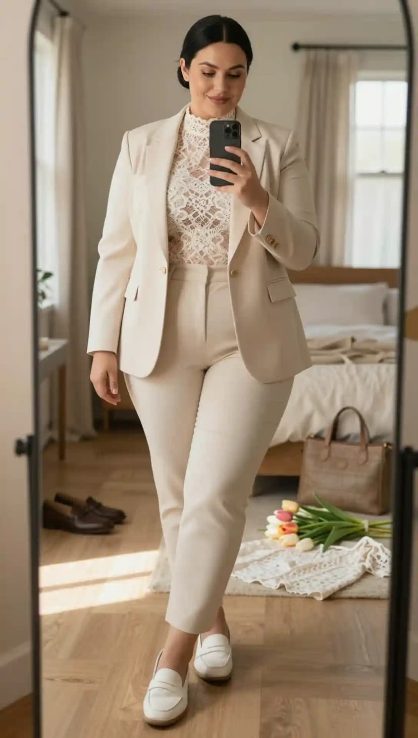Cream Lace Turtleneck Top + Cream Tailored Trousers + Cream Blazer