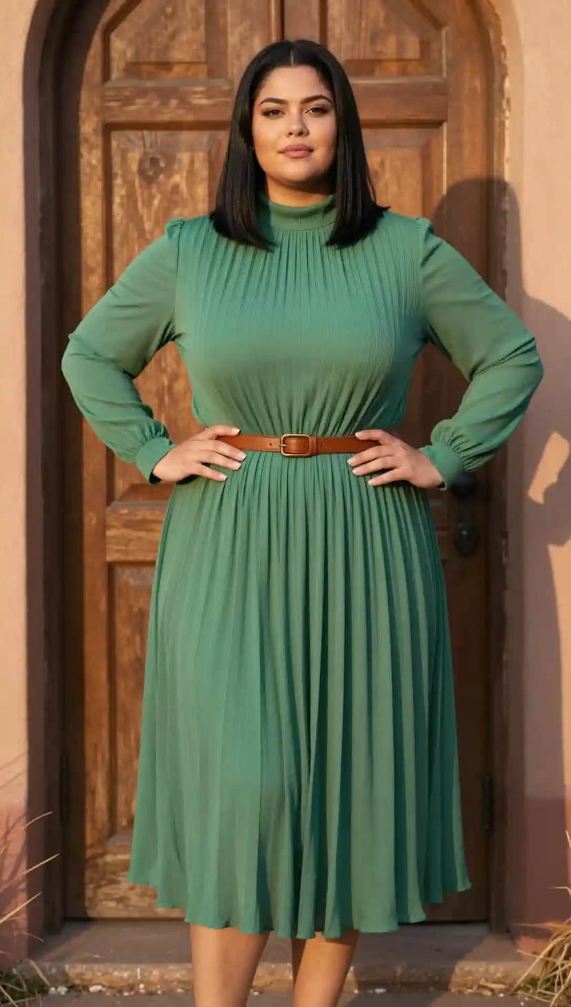Green Pleated Midi Dress + Brown Leather Belt