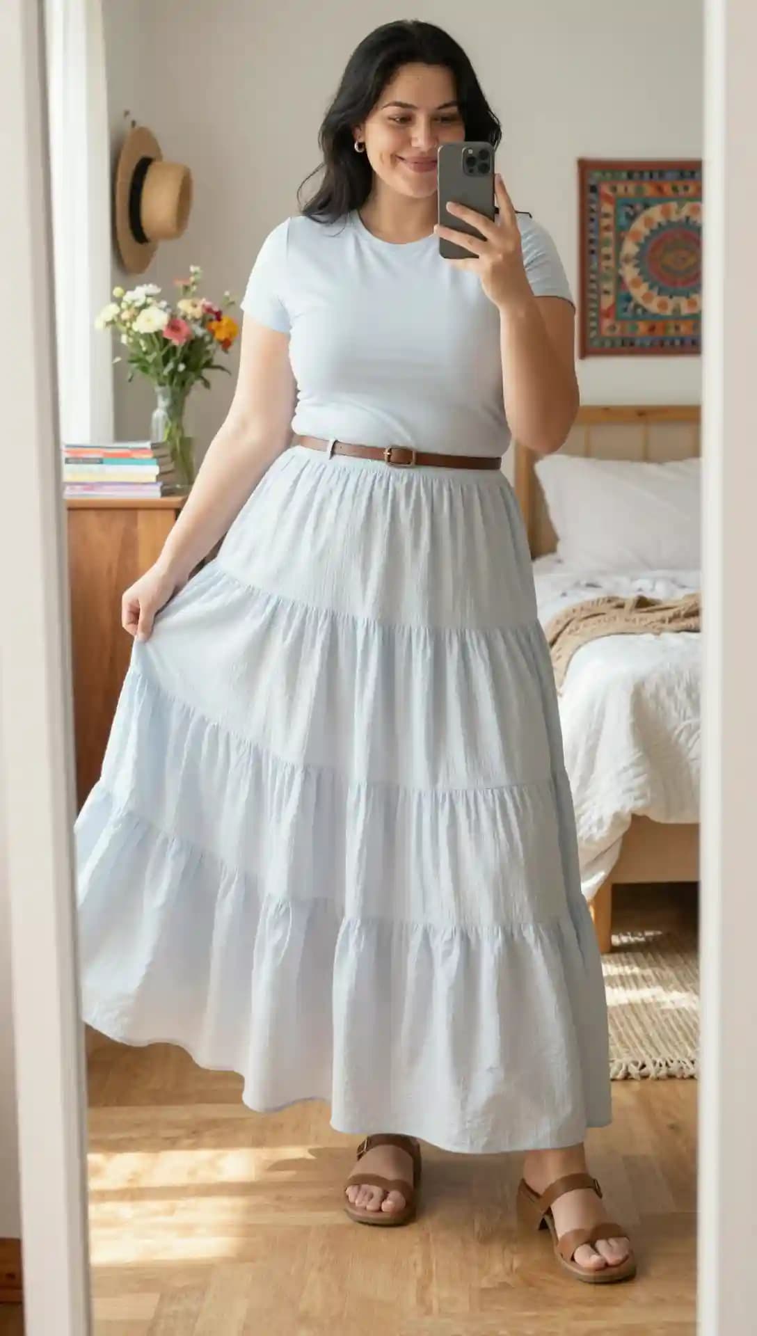 Light Blue T-Shirt + Light Blue Tiered Maxi Skirt + Brown Belt + Brown Sandals