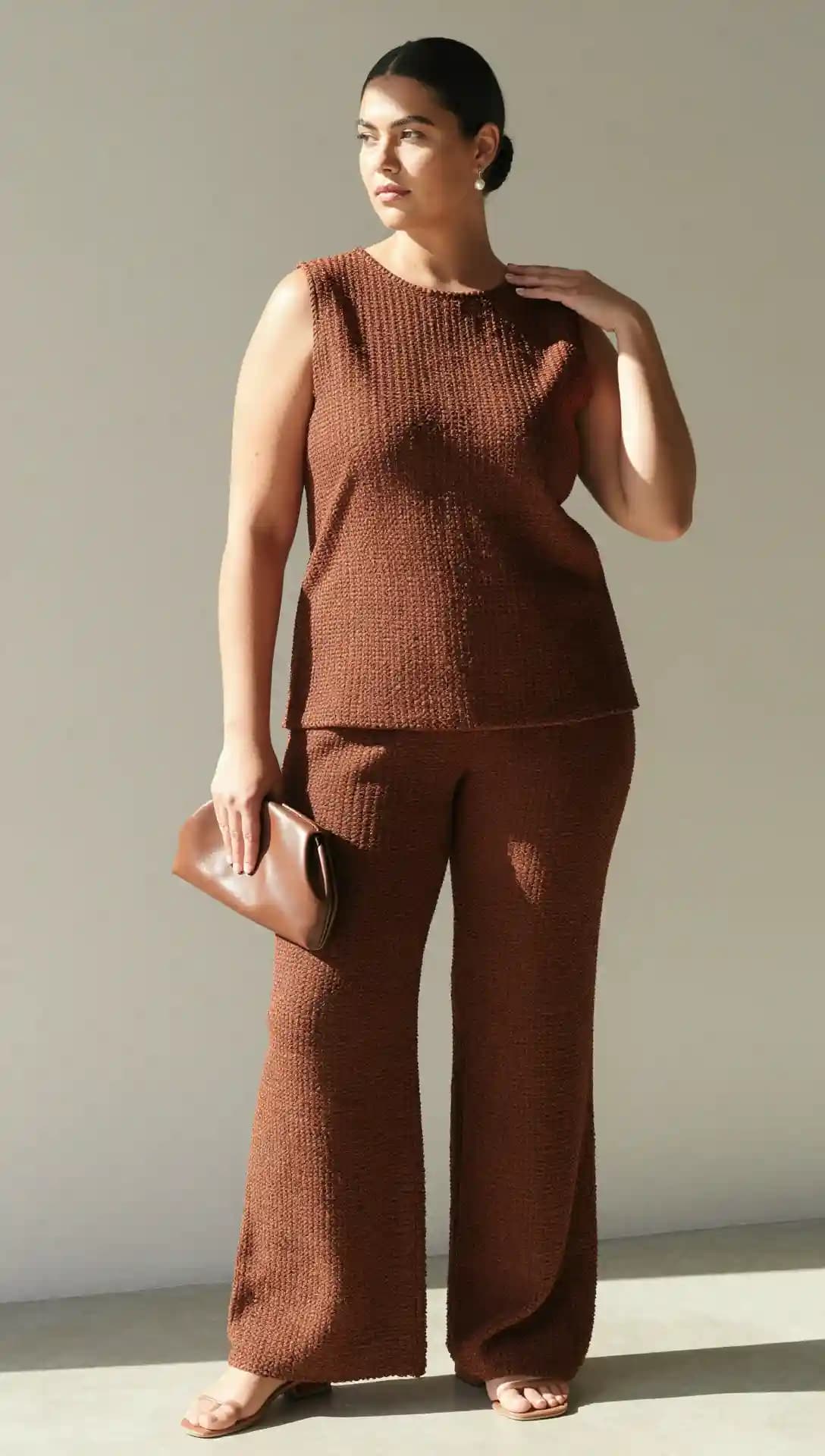 Brown Textured Knit Sleeveless Top + Brown Wide-Leg Knit Pants