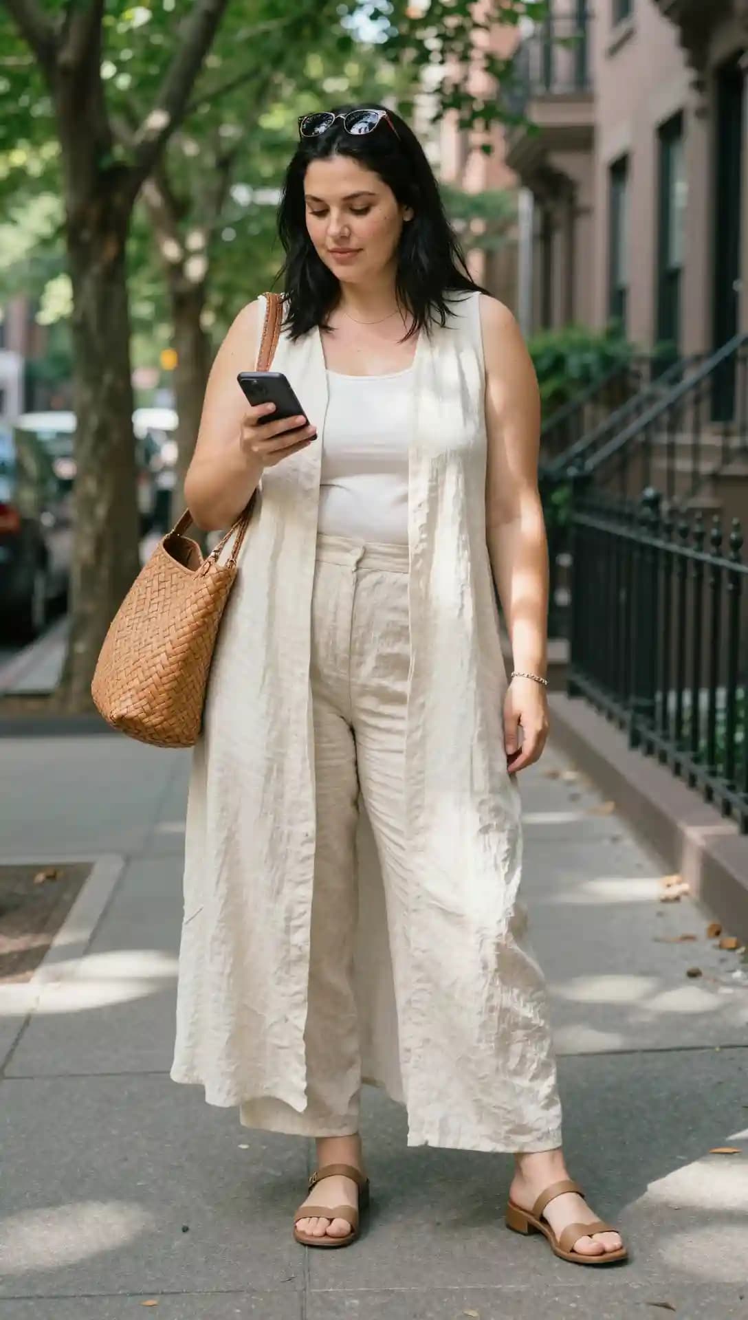 Cream Linen Maxi Vest + Cream Wide-Leg Trousers + White Tank Top