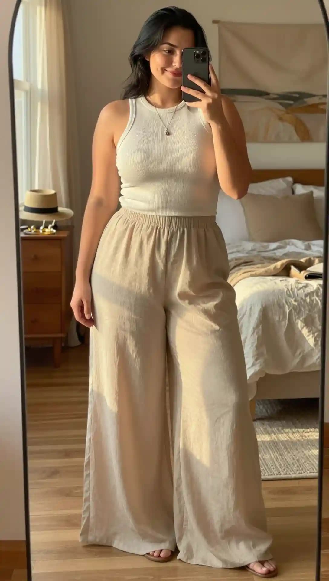 White Ribbed Tank Top + Beige Wide-Leg Linen Pants