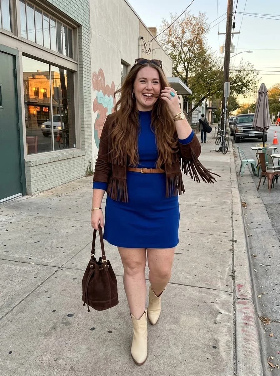 Cobalt Mini Dress with a Brown Fringe Jacket
