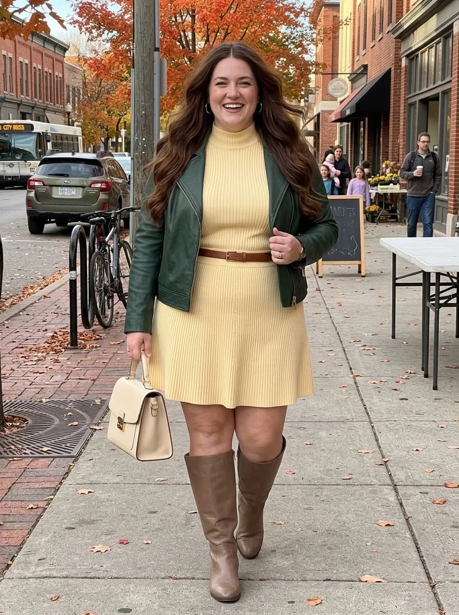 Butter Yellow Sweater Dress with a Green Moto Jacket