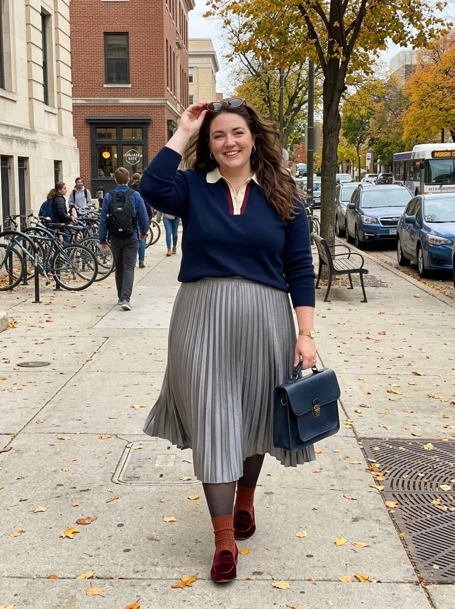 Navy Collared Sweater with a Pleated Silver Midi Skirt