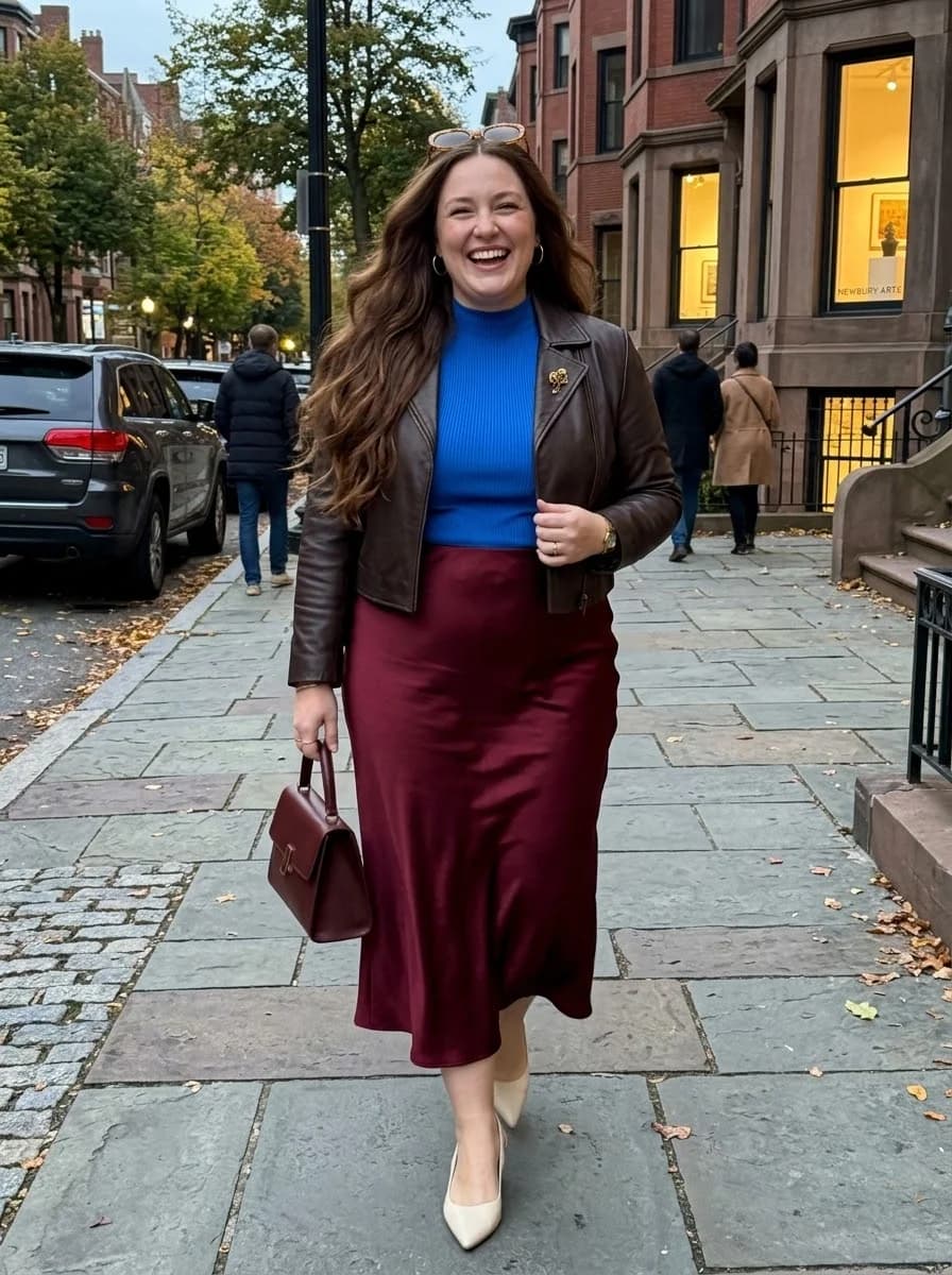 Bright Blue Knit Top with a Burgundy Satin Skirt and Brown Leather Jacket