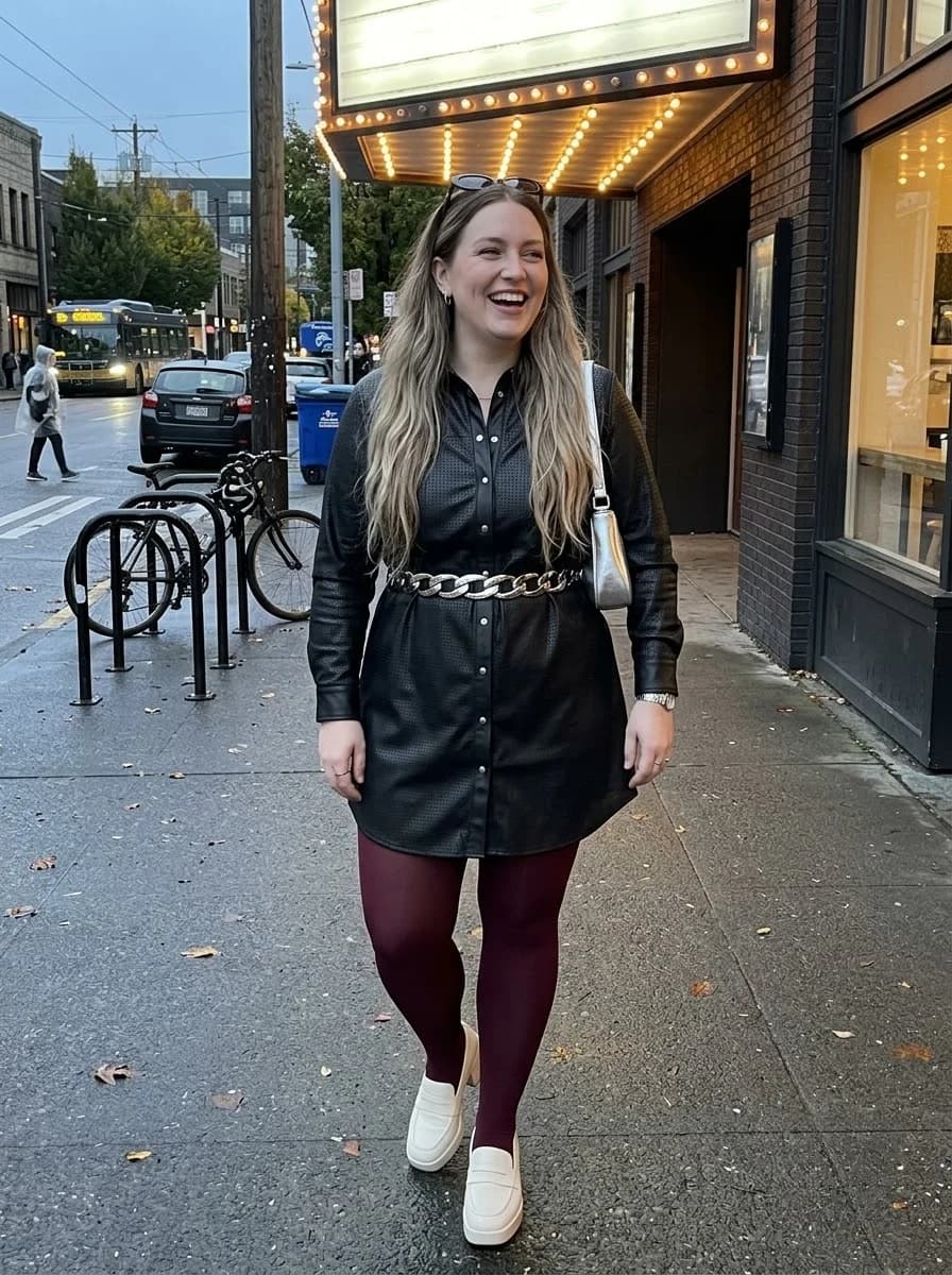 Black Faux-Leather Shirtdress with Burgundy Tights