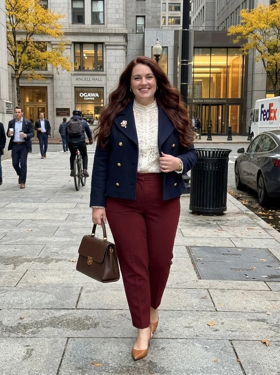 Navy Blazer, Lace Blouse & Burgundy Trousers