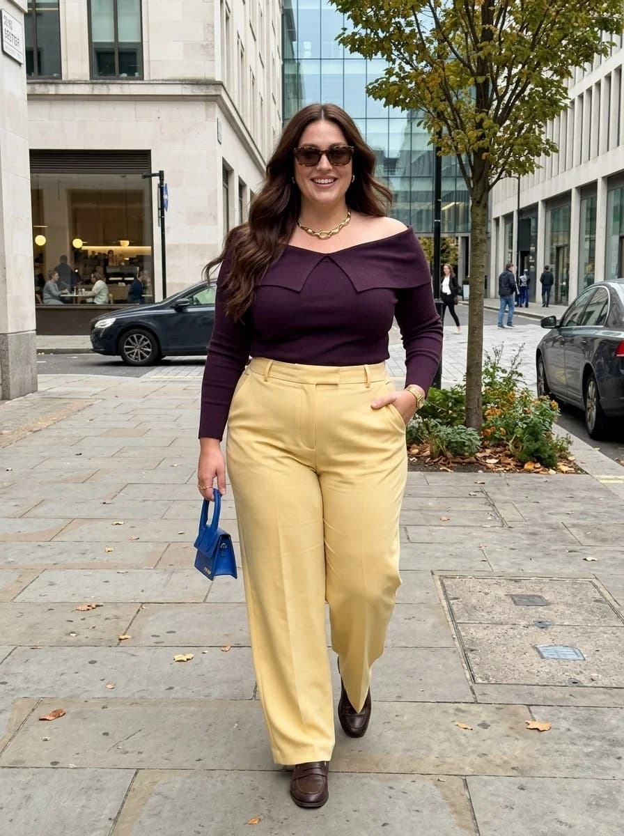 Plum Off-Shoulder Top with Butter-Yellow Trousers