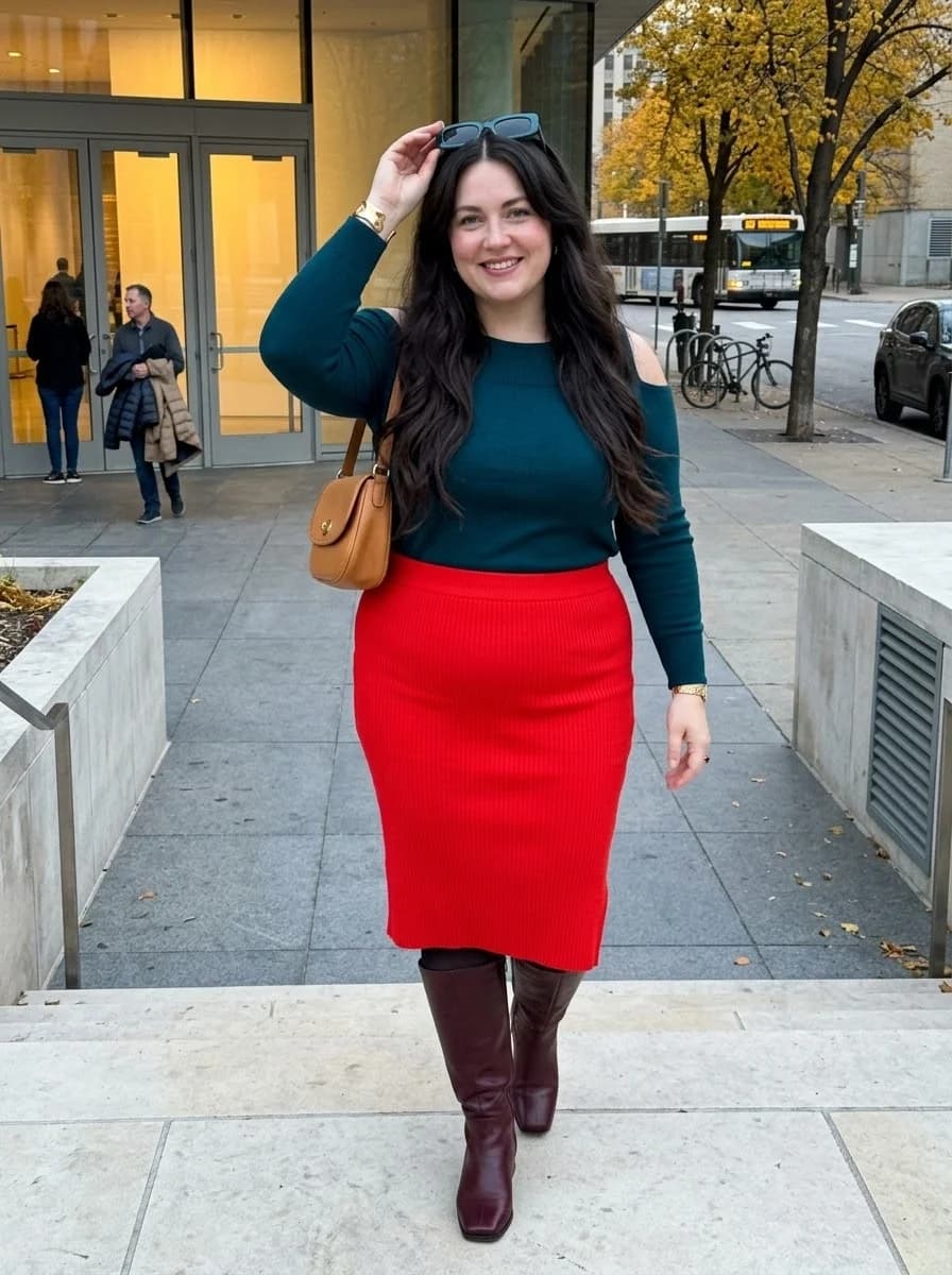 Teal Cold-Shoulder Knit with a Bright Red Skirt