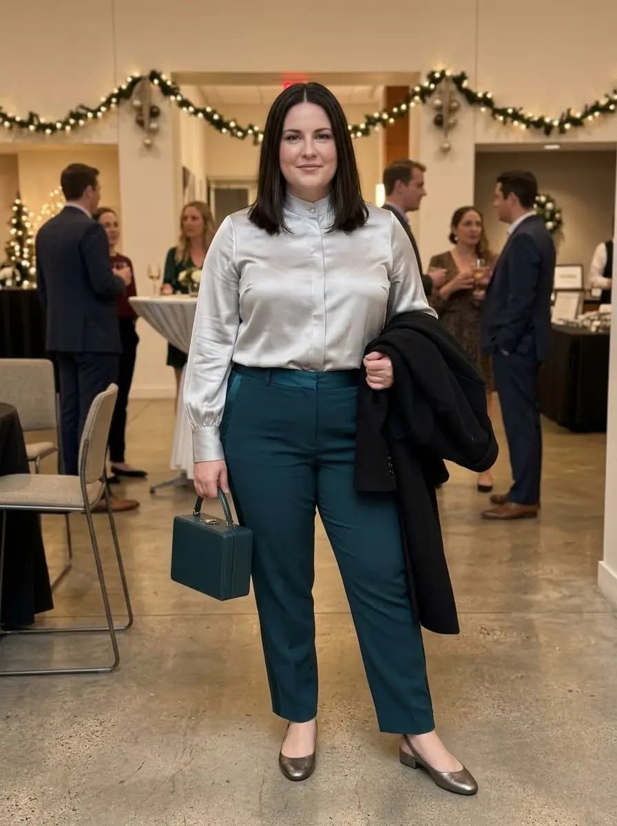 Silver Satin Button-Up Shirt with Teal Trousers