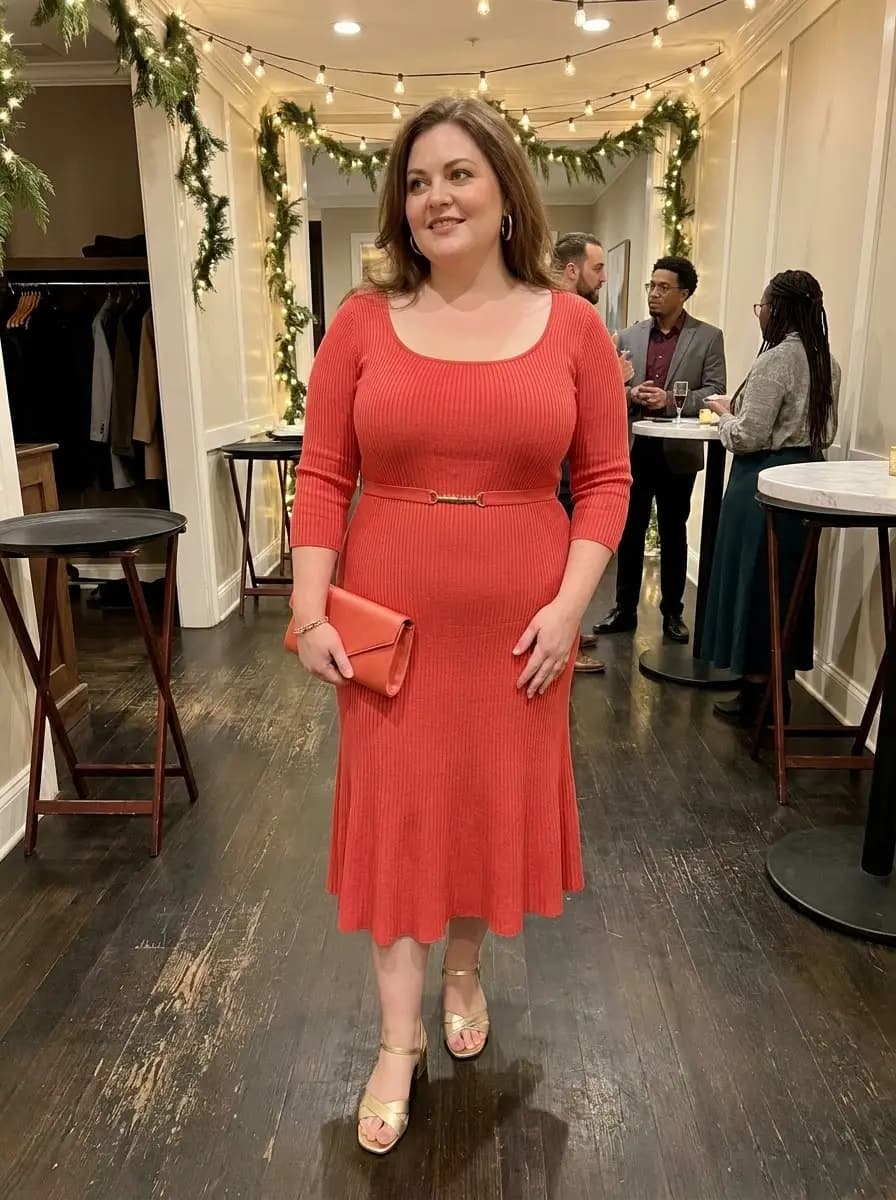 Coral Ribbed Knit Flare Dress
