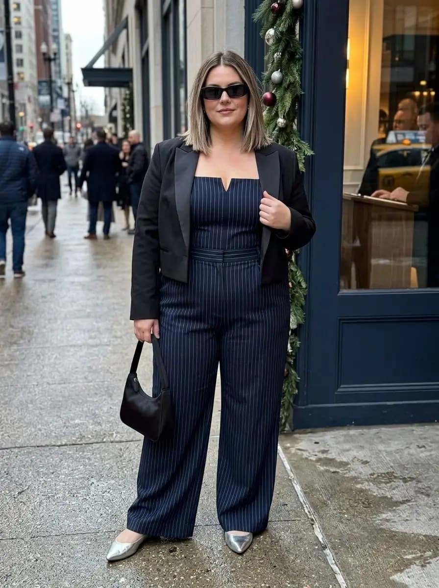 Black Tuxedo Blazer with Navy Pinstripe Jumpsuit