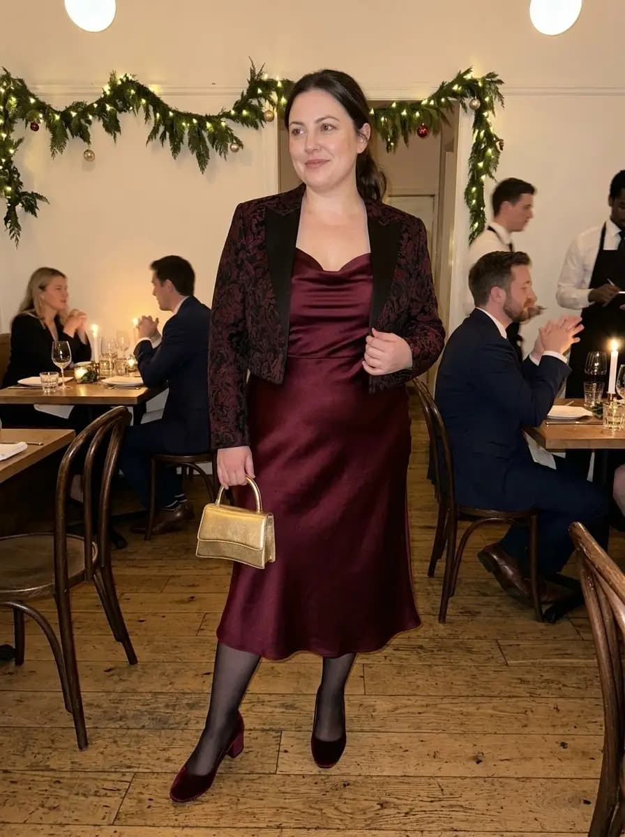 Burgundy Brocade Jacket with Burgundy Satin Slip Dress